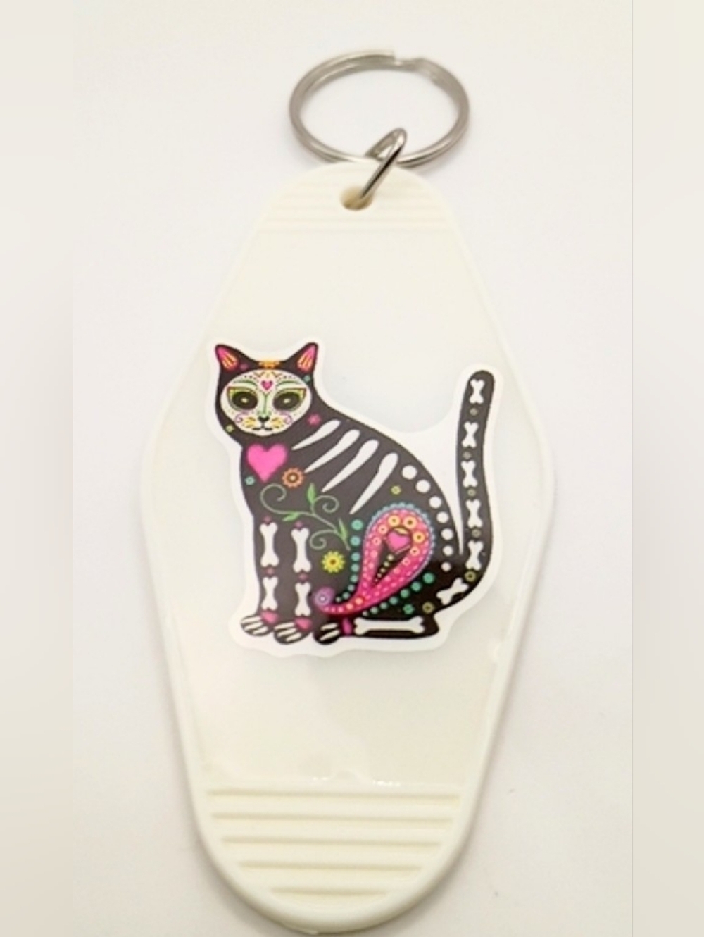 Sugar Skull Skeleton Cat Motel Keychain Retro Y2K White Resin Keyring